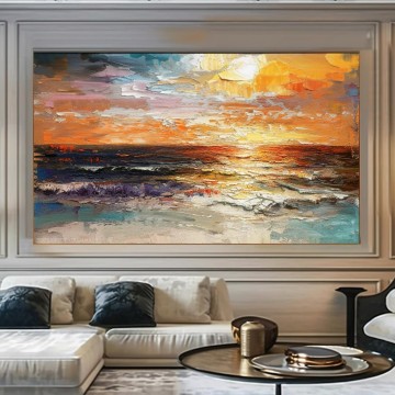 Landscapes Painting - Original Marine Painting waves wall art sunset canvas red orange clouds